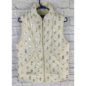 Simply Southern White & Gold Pineapple Full Zip Puffer Vest, Size Medium